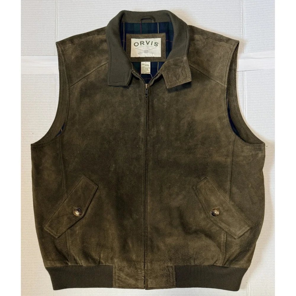 ORVIS - Men's Genuine Leather Suede Vest - Full Zip Plaid Flannel Lined - Large